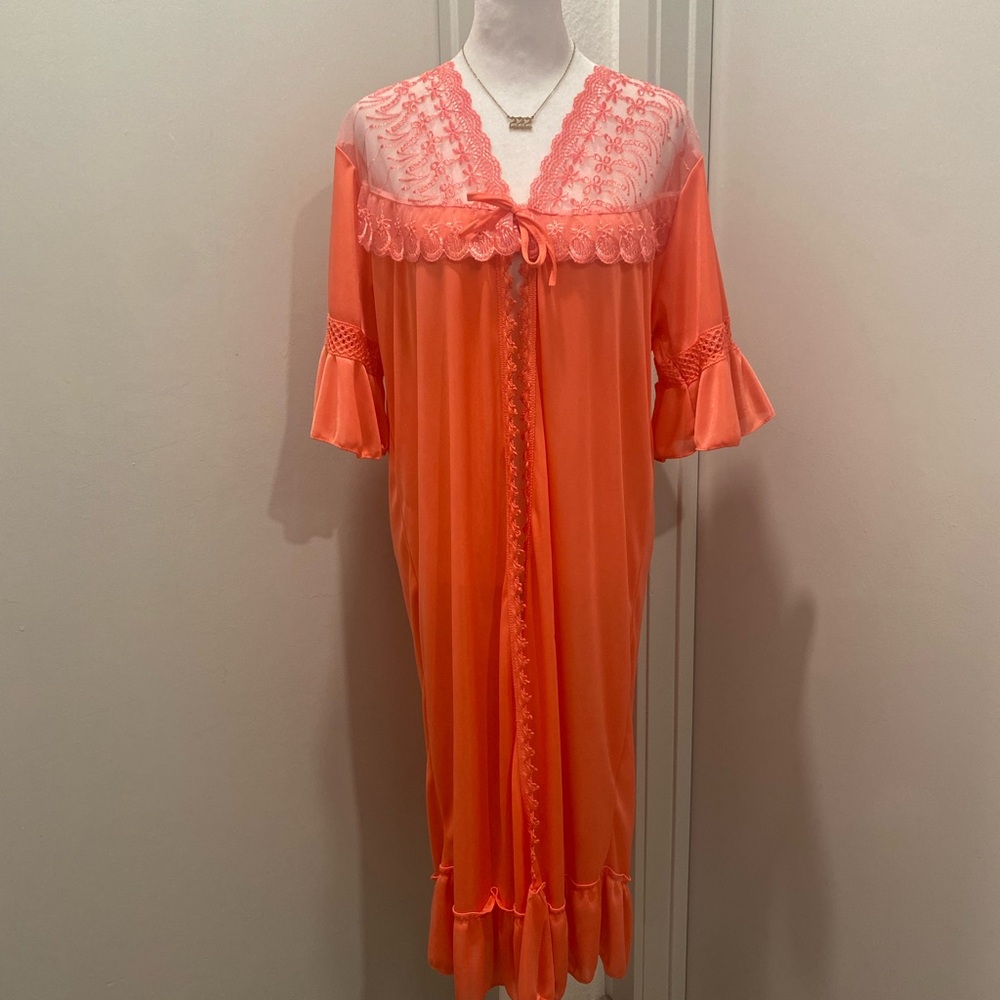 Happie Coquette Coral Pink Lace Ruffle Trim Midi Negligee Nightgown Robe - M